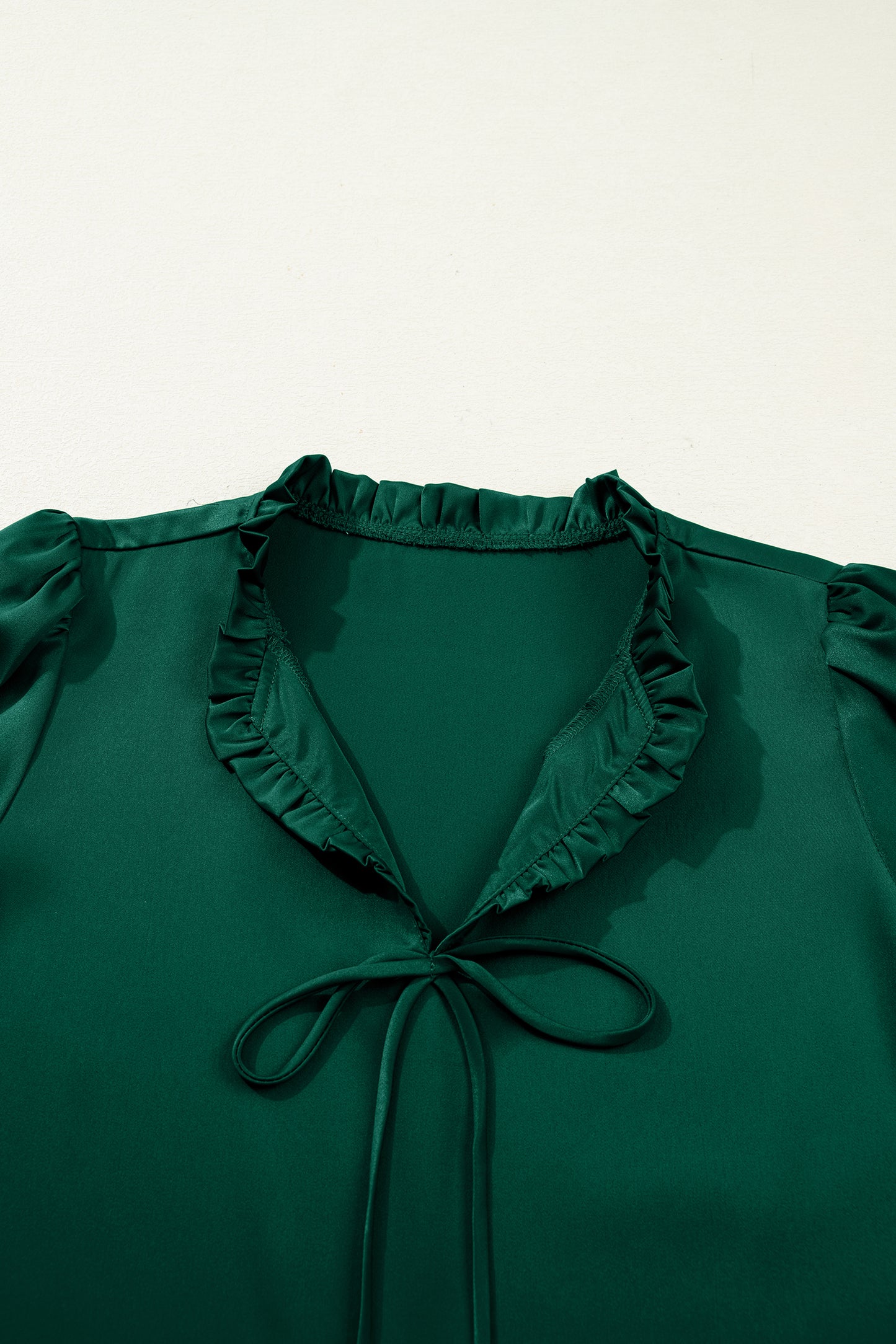 Blackish Green Solid Color Frilled V Neck Bow Detail 3/4 Sleeve Blouse