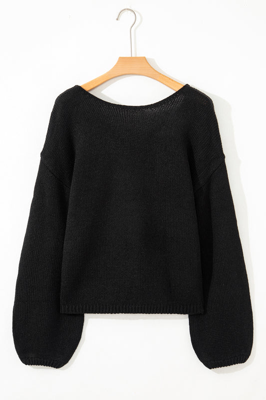 Black Festive Bow Backless Bubble Sleeve Sweater