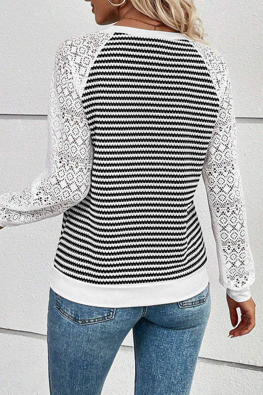 Black Stripe Textured Knit Contrast Hollowed Lace Patchwork Long Sleeve Top