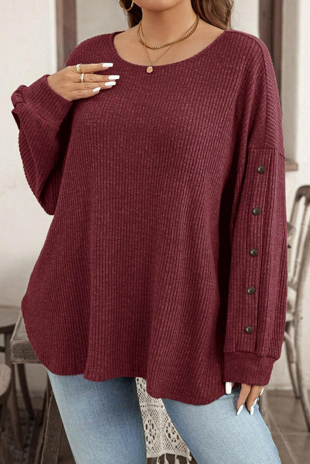 Wild Ginger Plus Size Ribbed Button Decor Long Sleeve Loose Top