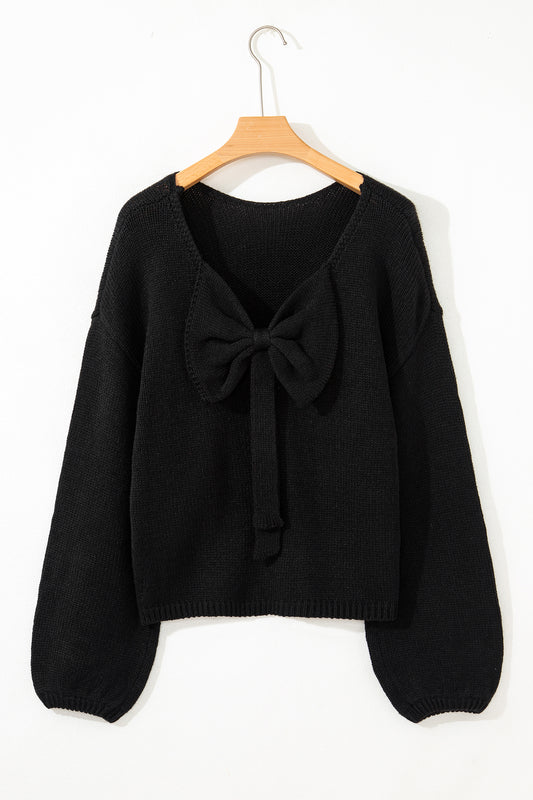 Black Festive Bow Backless Bubble Sleeve Sweater