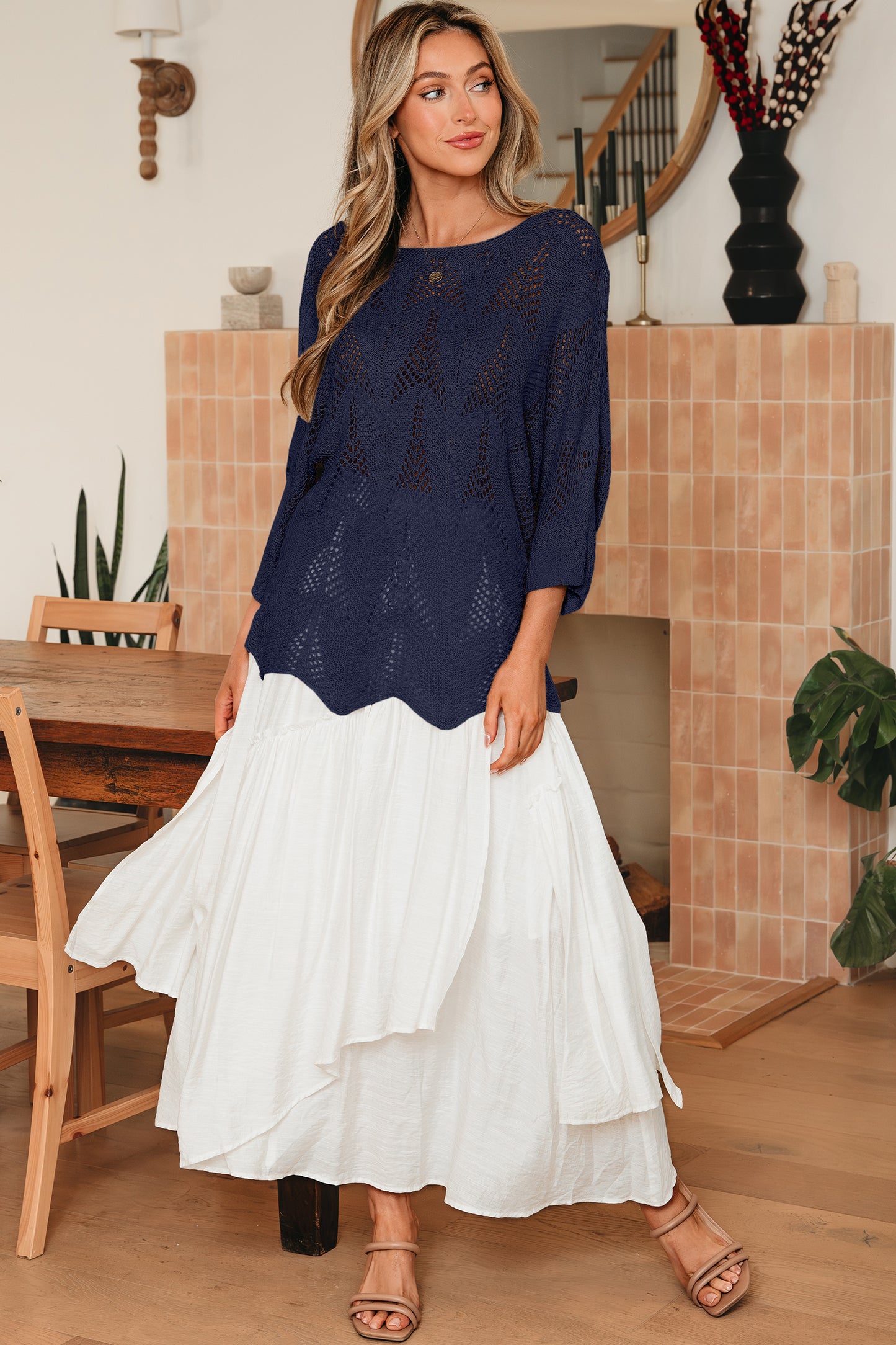 Navy Blue Hollow Out Knit 7/8 Sleeve Casual Sweater