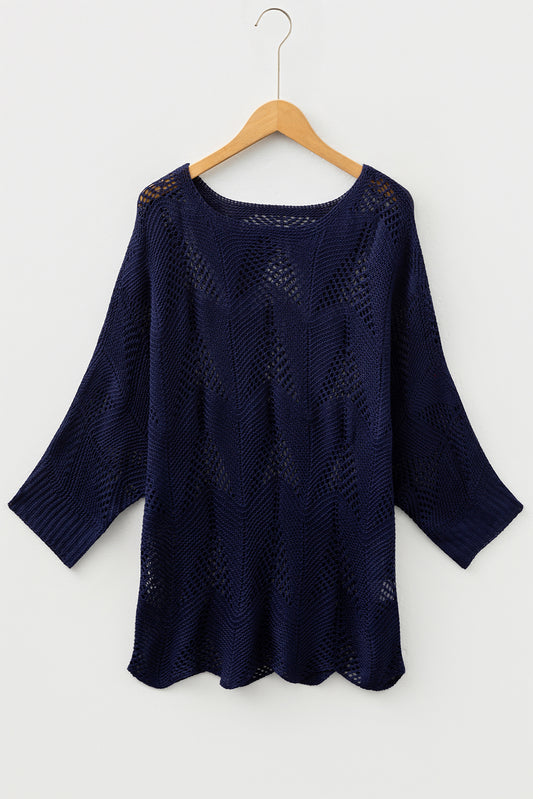 Navy Blue Hollow Out Knit 7/8 Sleeve Casual Sweater