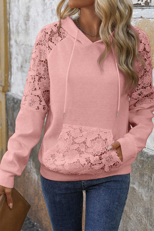 Gossamer Pink Lace Patchwork Raglan Sleeve Kangaroo Pocket Waffle Hoodie