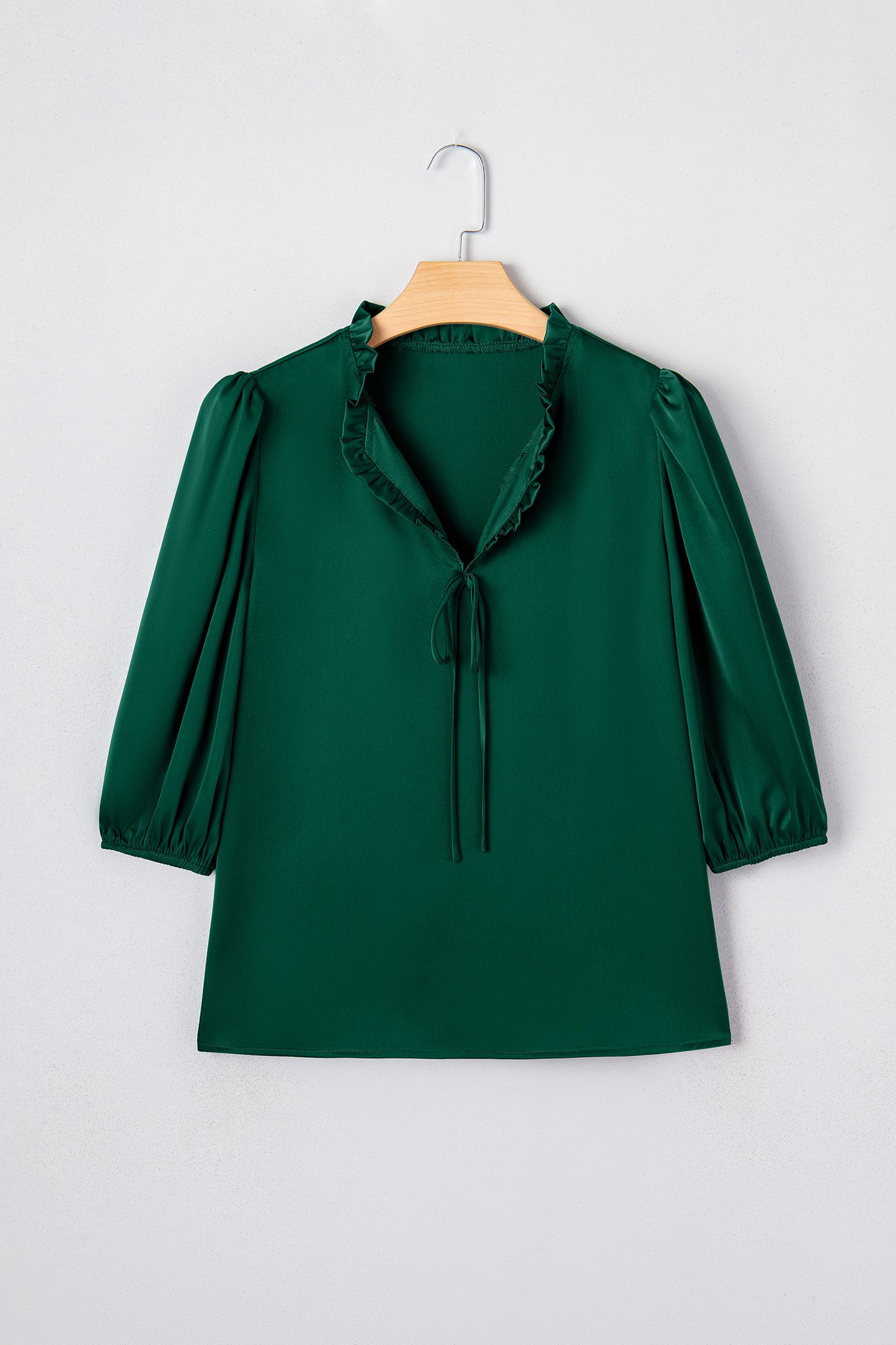 Blackish Green Solid Color Frilled V Neck Bow Detail 3/4 Sleeve Blouse