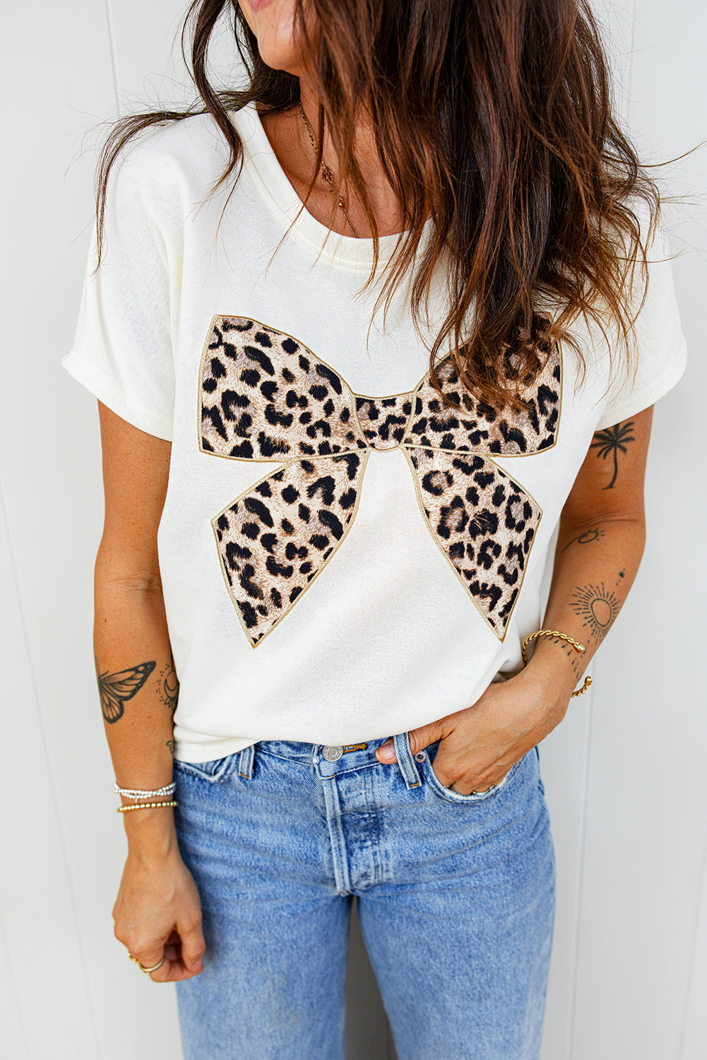 White Leopard Bow Embroidered Cotton Round Neck T Shirt