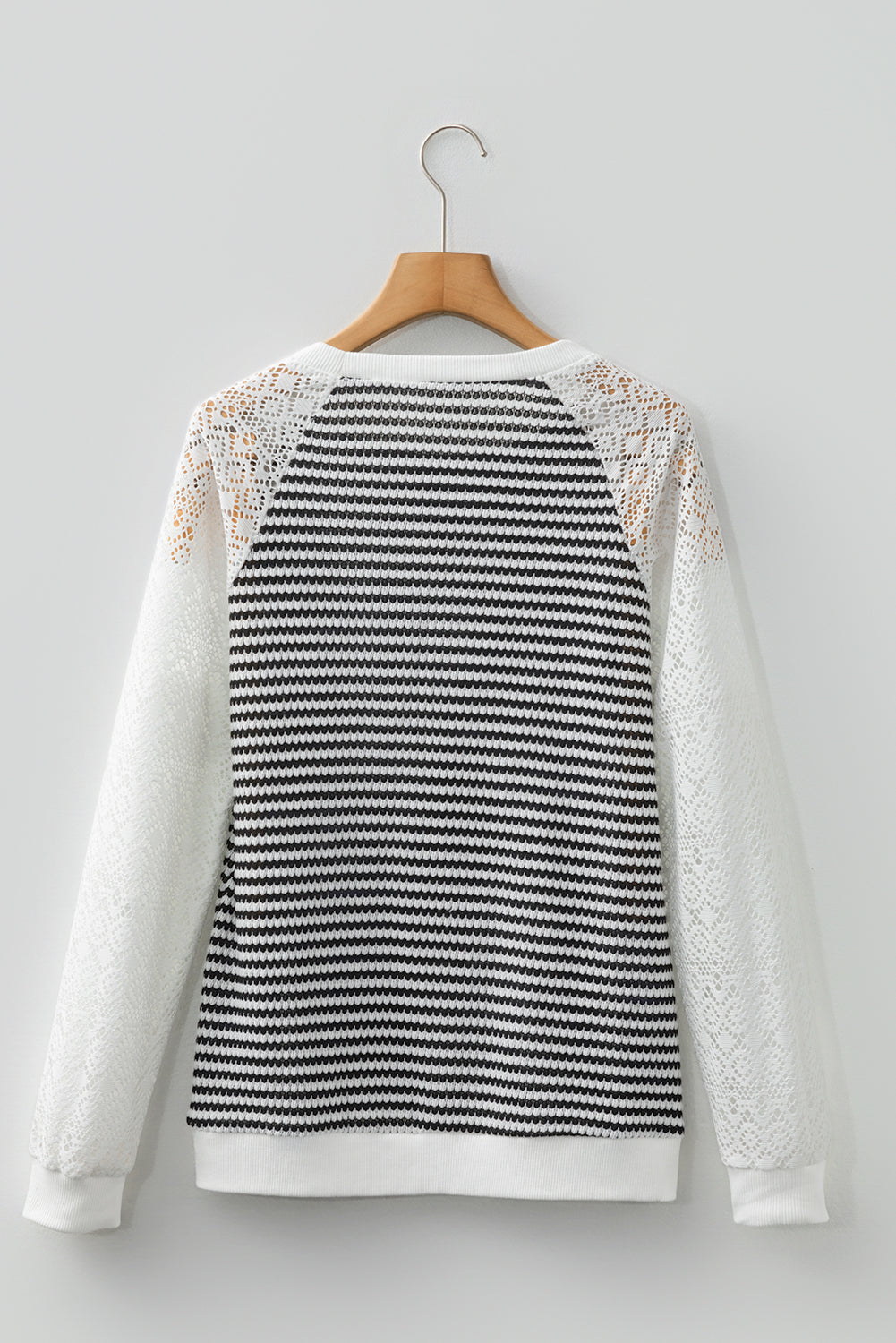 Black Stripe Textured Knit Contrast Hollowed Lace Patchwork Long Sleeve Top