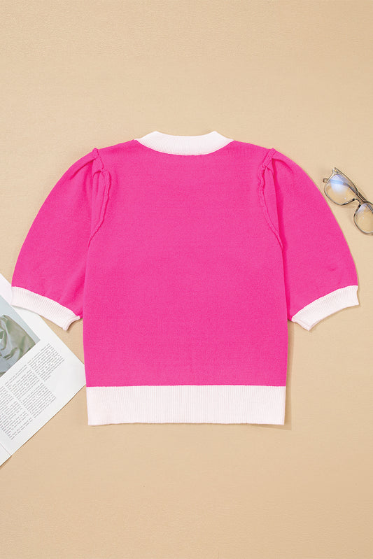 Bright Pink XOXO Embroidered Graphic Valentines Contrast Trim Crew Neck Short Puff Sleeve Sweater Tee